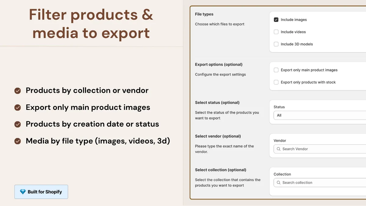 Filter by collection, vendor, status and date to export only what you need.