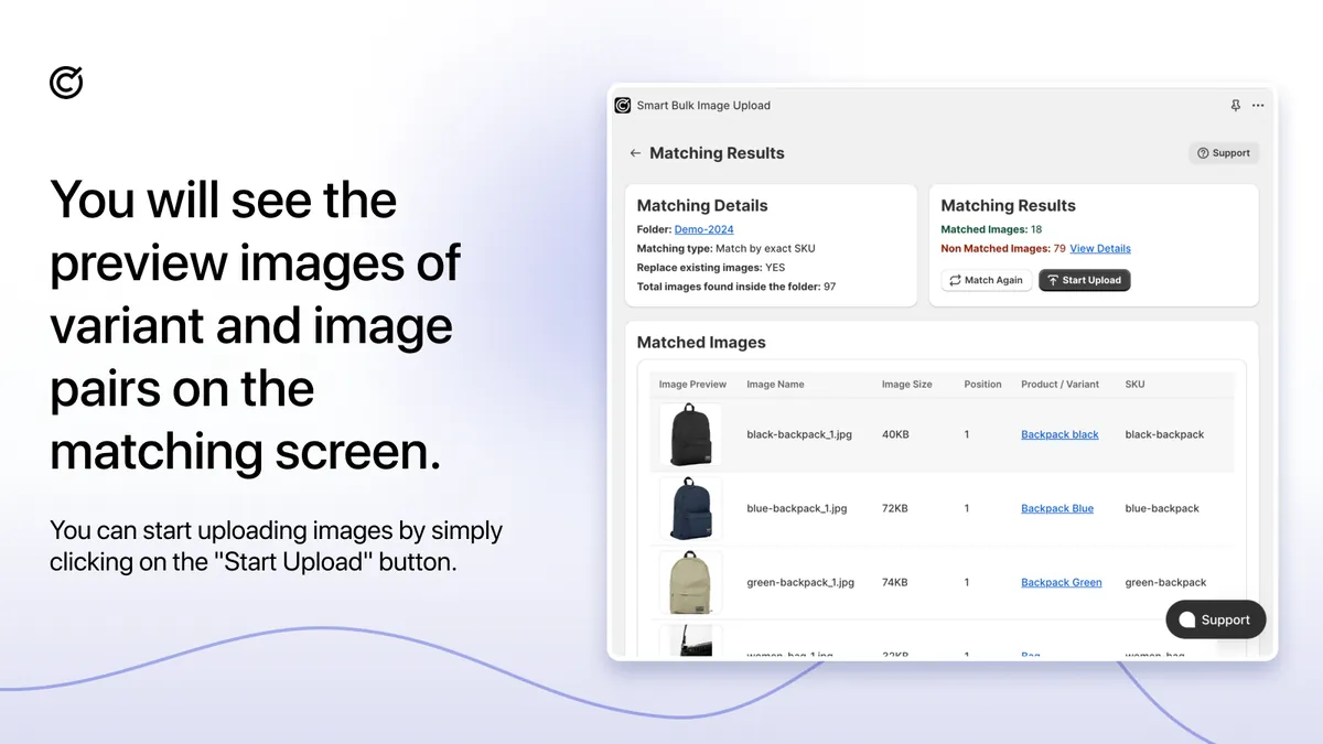 Matching preview before upload: see which image goes to which variant.