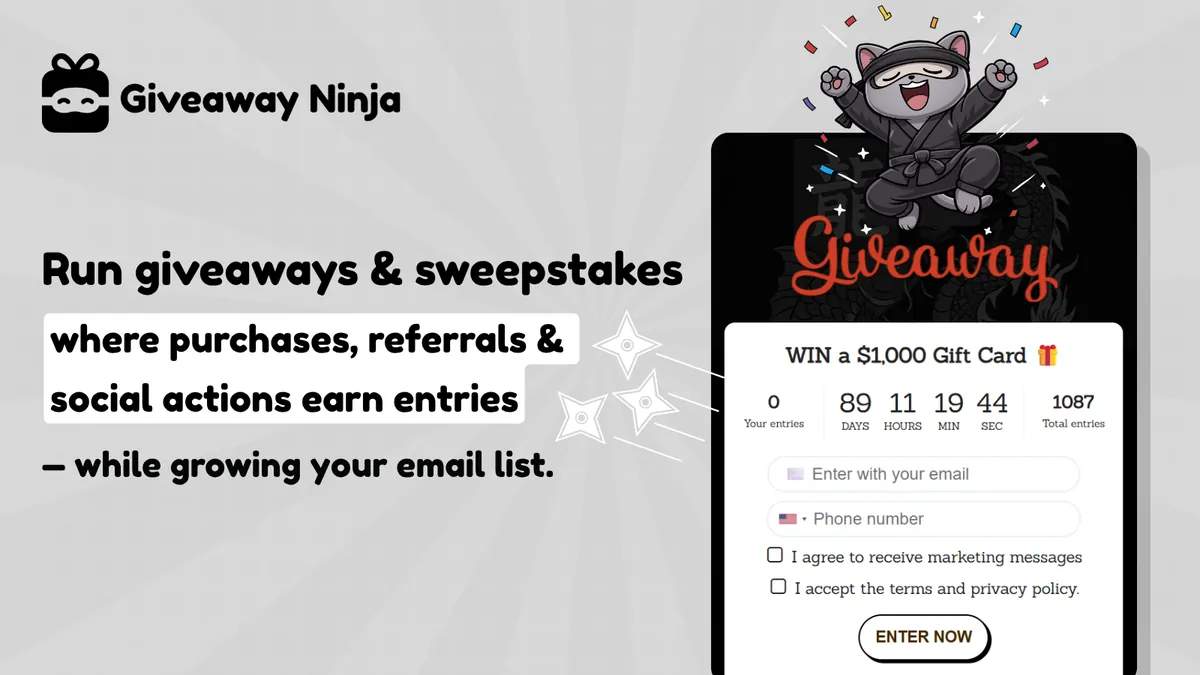 Giveaway Ninja: giveaways where purchases, referrals and social actions earn entries.