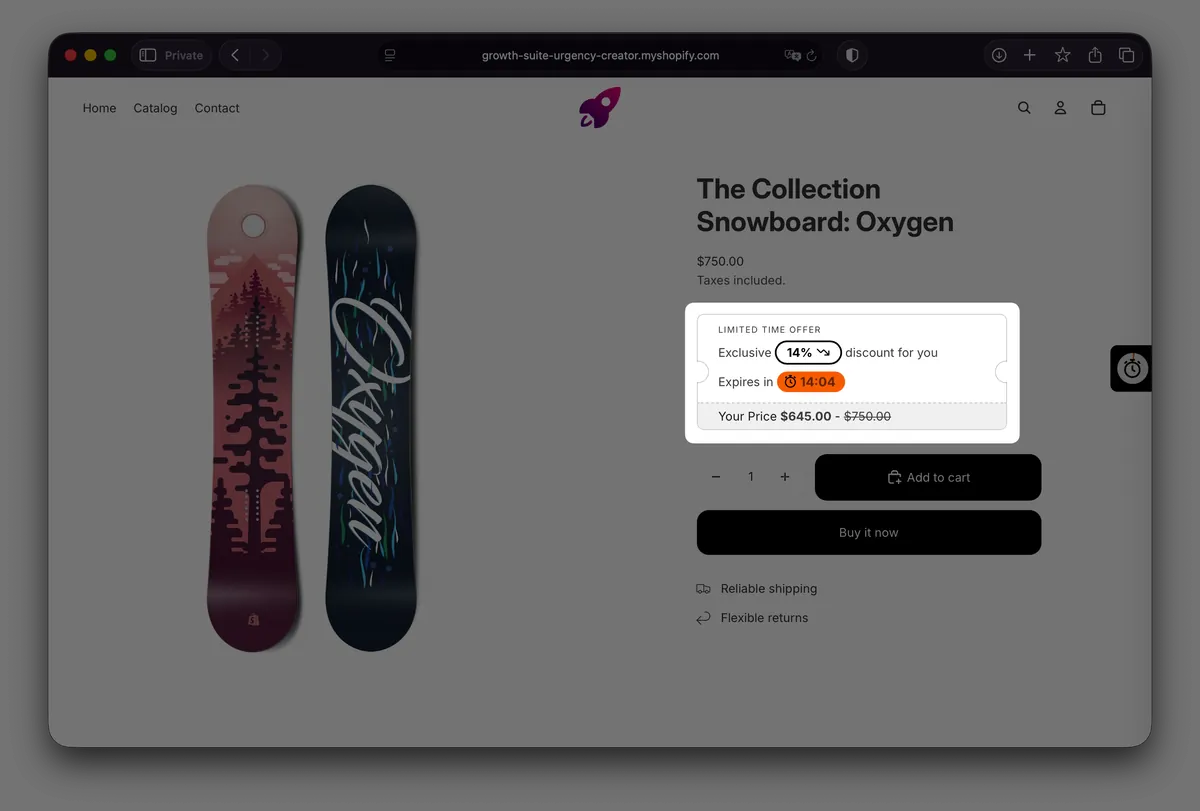 Growth Suite: a personal discount code with a countdown for hesitant visitors.