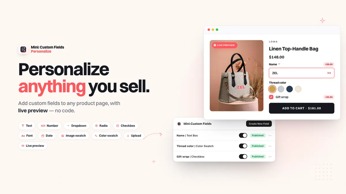 Mini: Custom Fields: personalization fields on any product page, no code needed.