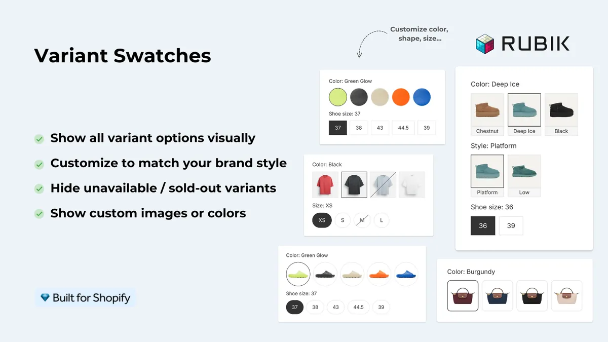 Rubik Variant Images: variant swatches in your brand style, with sold-out options hidden.
