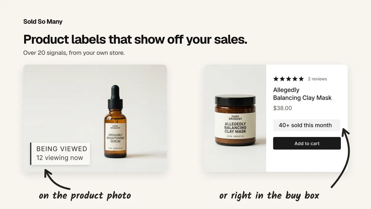 SSM Sold Counter: sales labels from real orders on the product photo or in the buy box.