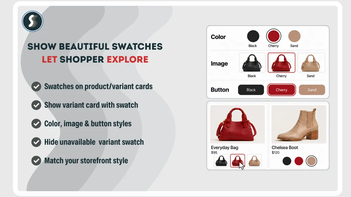Color, image and button swatches on product cards.